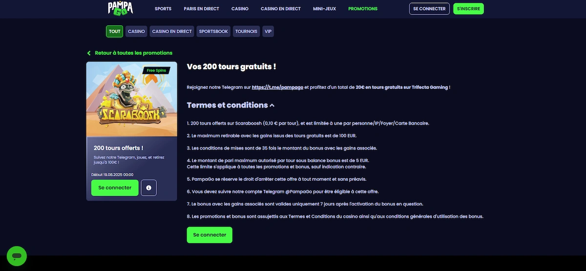 Découvrez PampaGo Casino et obtenez 200 free spins via leur canal Telegram exclusif