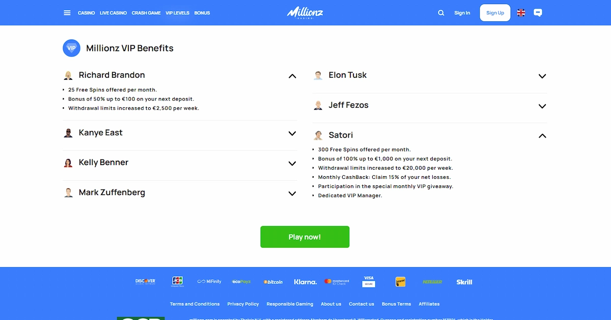 Interface du casino Millionz avec offre de 100 free spins au paradis des Maldives