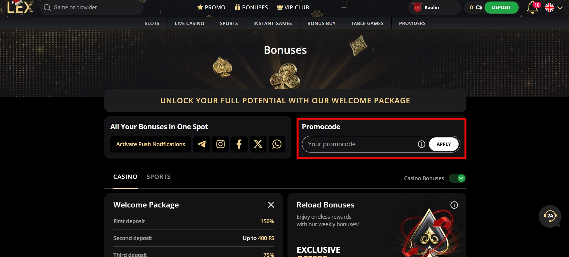 Learn how to enter a Lex casino promo code to unlock bonuses.