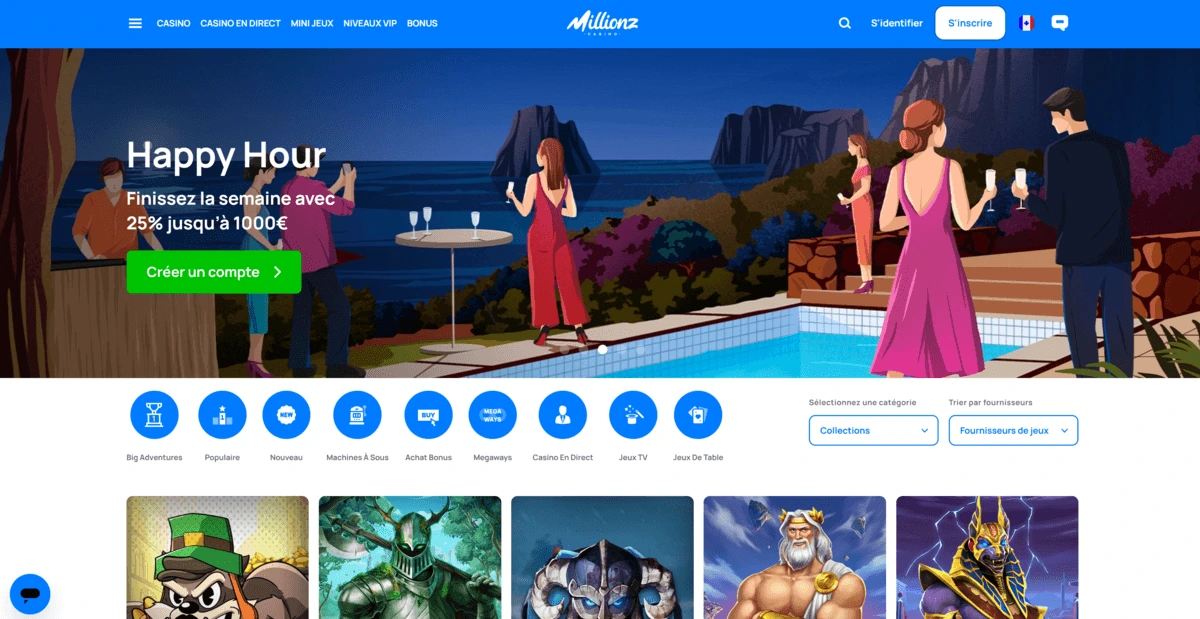 Page d'accueil Millionz Casino affichant l'offre de bonus sans condition de mise