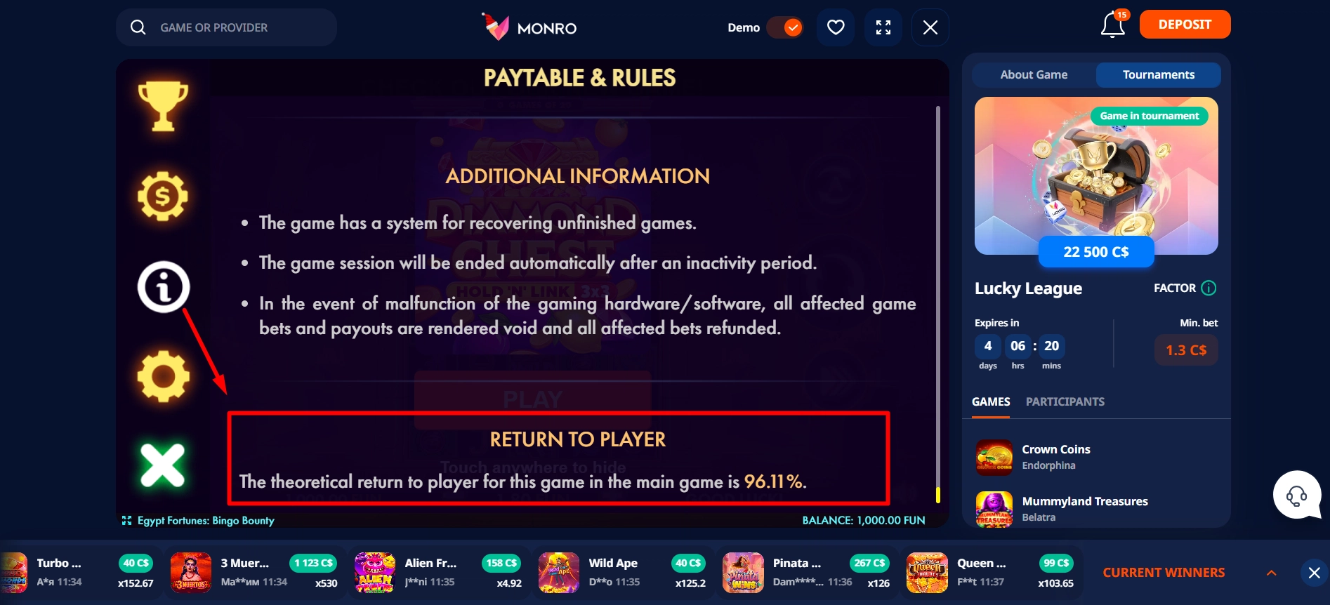 Find the theoretical return to player percentage in Monro casino slot rules.