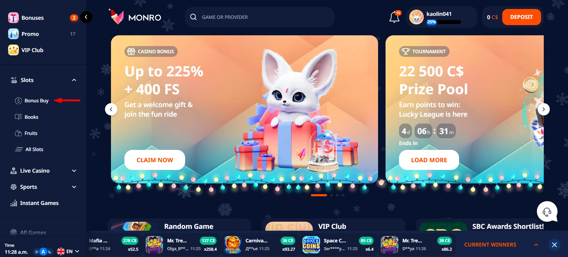Use the Monro casino side menu navigation pointing to available slot games.