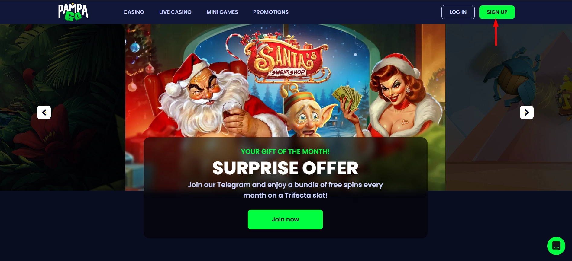 Click the green sign up button on the PampaGo casino homepage interface.
