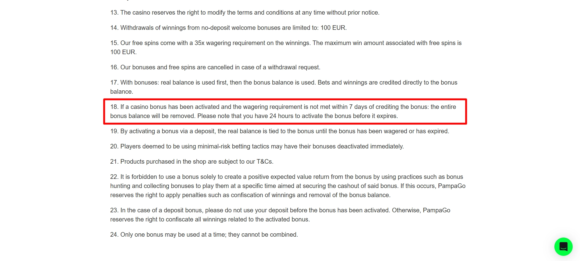 Review PampaGo casino bonus terms regarding activation deadlines and expiration time limits.