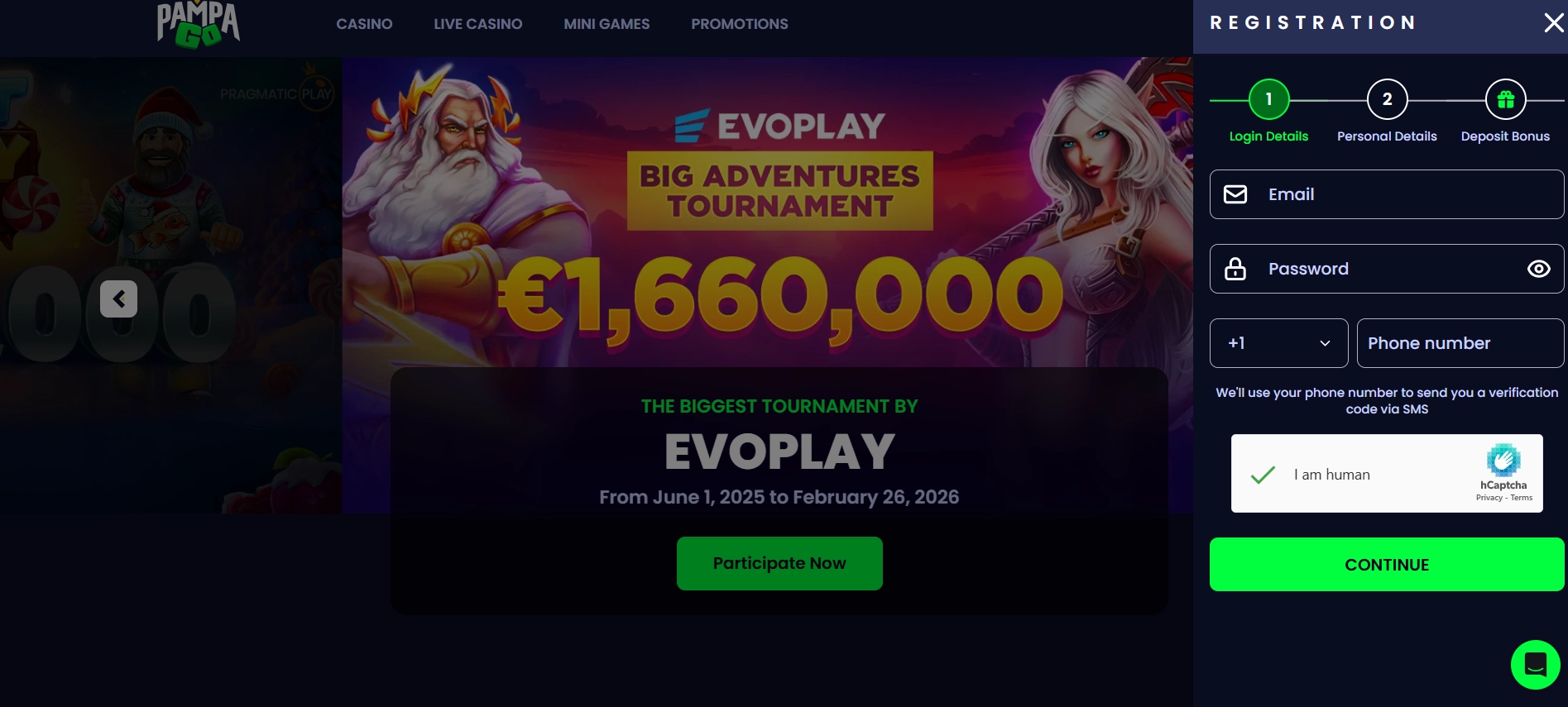 Complete the PampaGo casino registration form with your email and personal details.