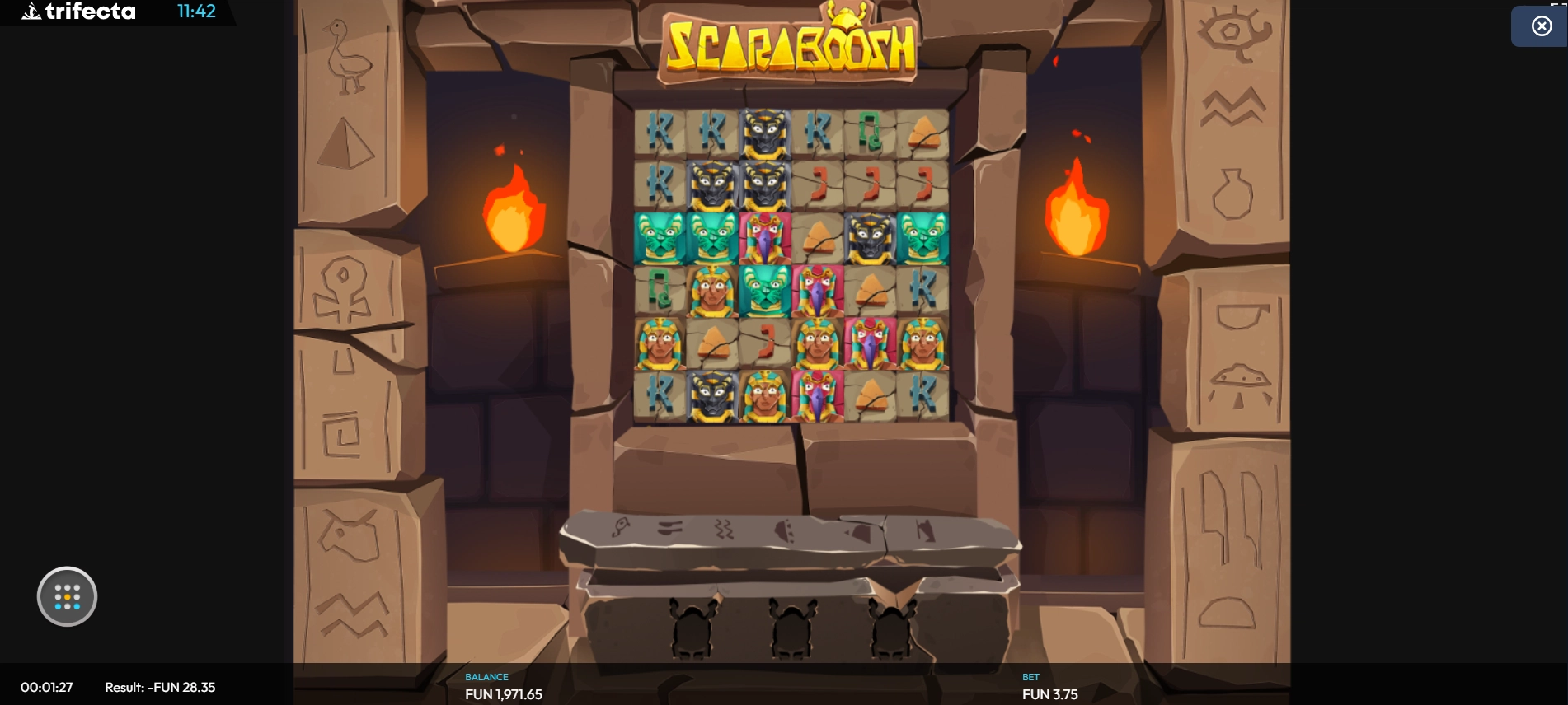 Play the Scaraboosh slot game by Trifecta Gaming at the PampaGo casino.